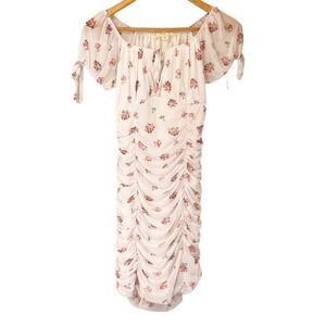 No Comment Womens White Pink Mesh Printed Ruched Sheath Dress Juniors Size Med